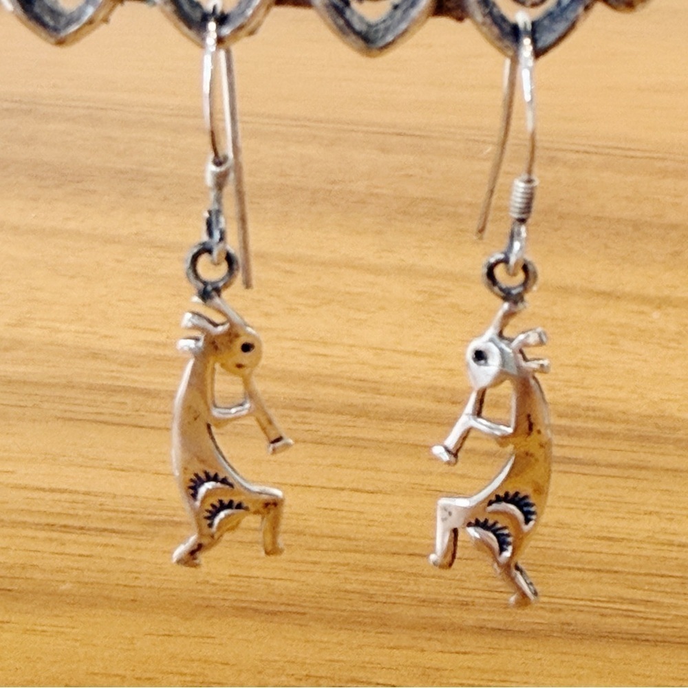Vintage Sterling Silver Kokopelli Dangle Pierced Earrings Southwest Western